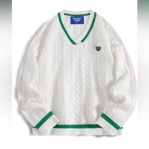 Aelfric Eden V-Neck Sweater in White with Green Trim